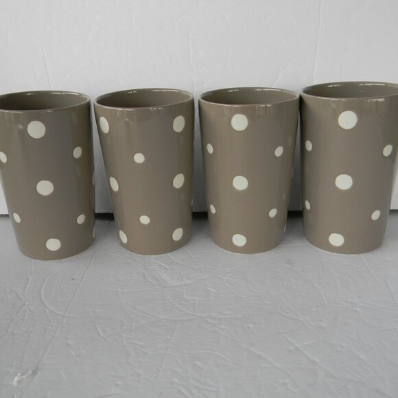 NEW Temp-Tations Polka Dot Set/ 4 16oz CERAMIC Carafe CupS TUMBLERS TAUPE/WHITE - Picture 5 of 5